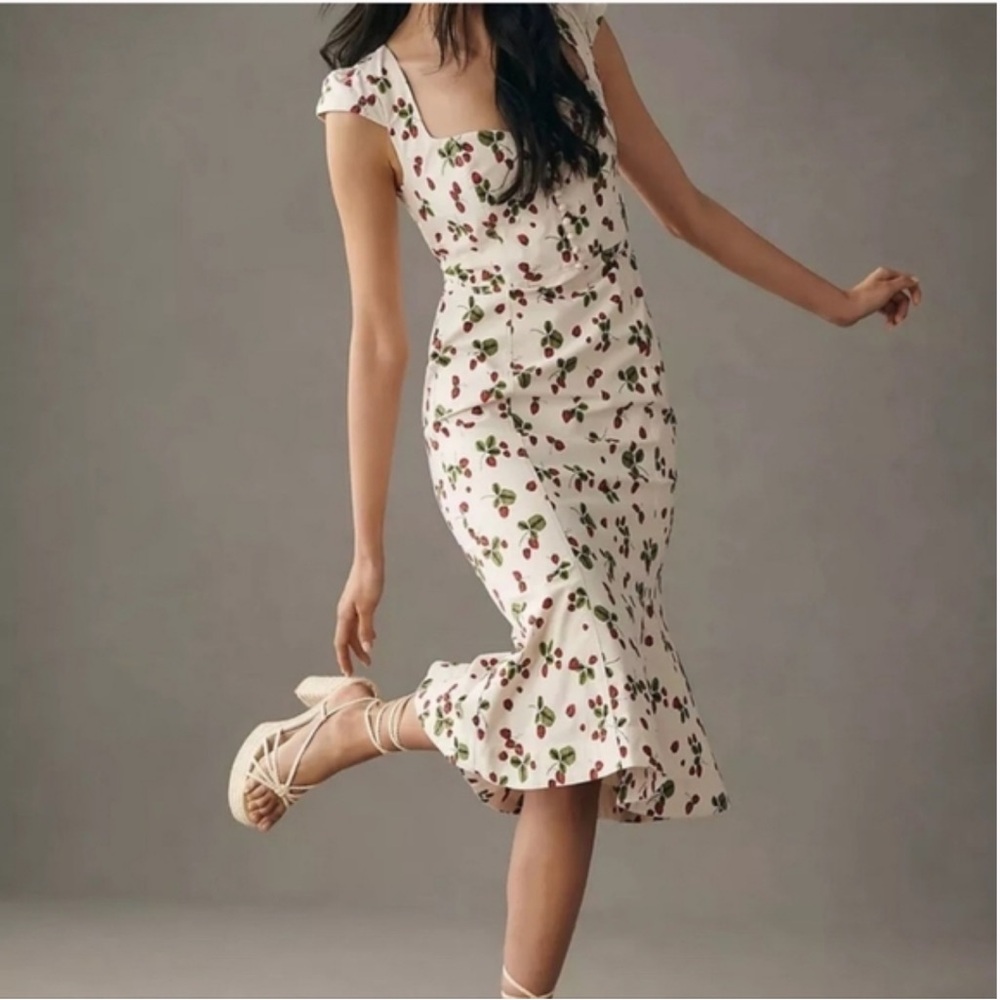 NWT Anthropologie Maeve Cecily Fit & Flare Midi Strawberries Sweetheart Dress, L - Picture 1 of 16